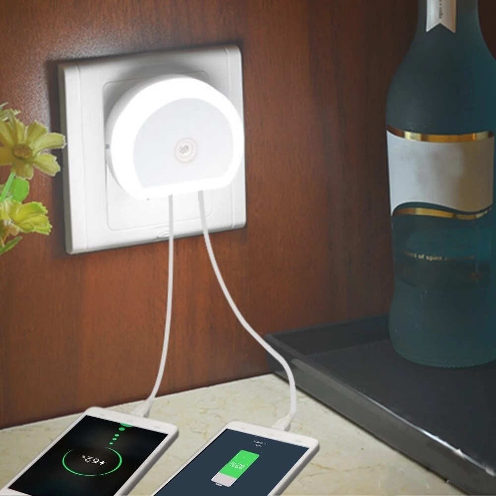 2 USB 소켓 포트 벽 플러그 램프 조명 센서 제어 LED 야간 조명 110V 220V EU 미국 영국 램프 어린이 거실 침실 조명